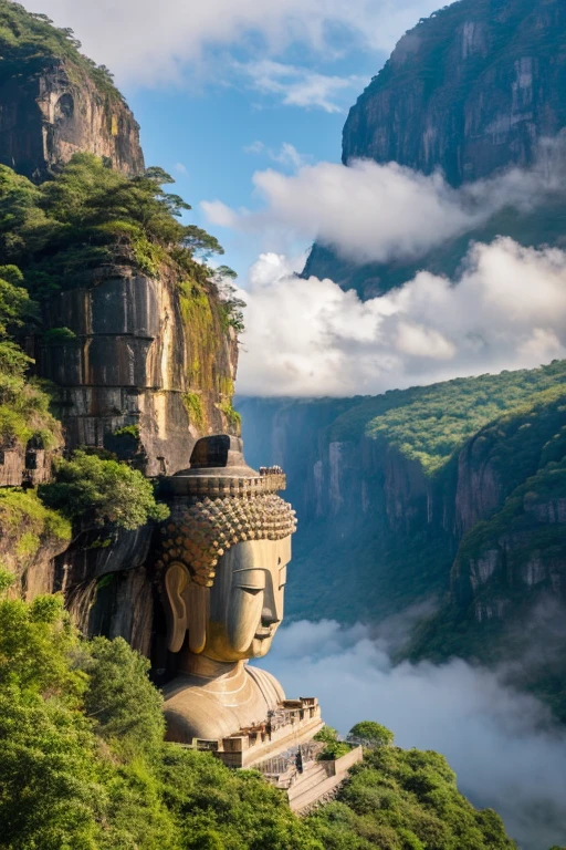 Zoomed out shot of a huge old Buddha statue towering over a mountain wall, Between the Waterfalls, Surrounded by clouds, Landscape of the landscape, sunlight reflected, Crane Flight, Cinema Lighting