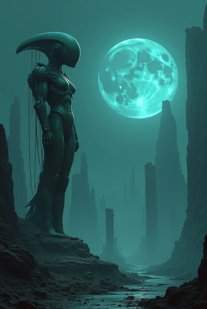 Distant Alien planet, ruins, night two moons in the Sky , giger style, Alien statue