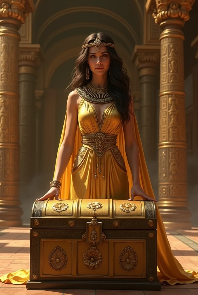 Infinity Cleopatra in a golden dress opening a large chest