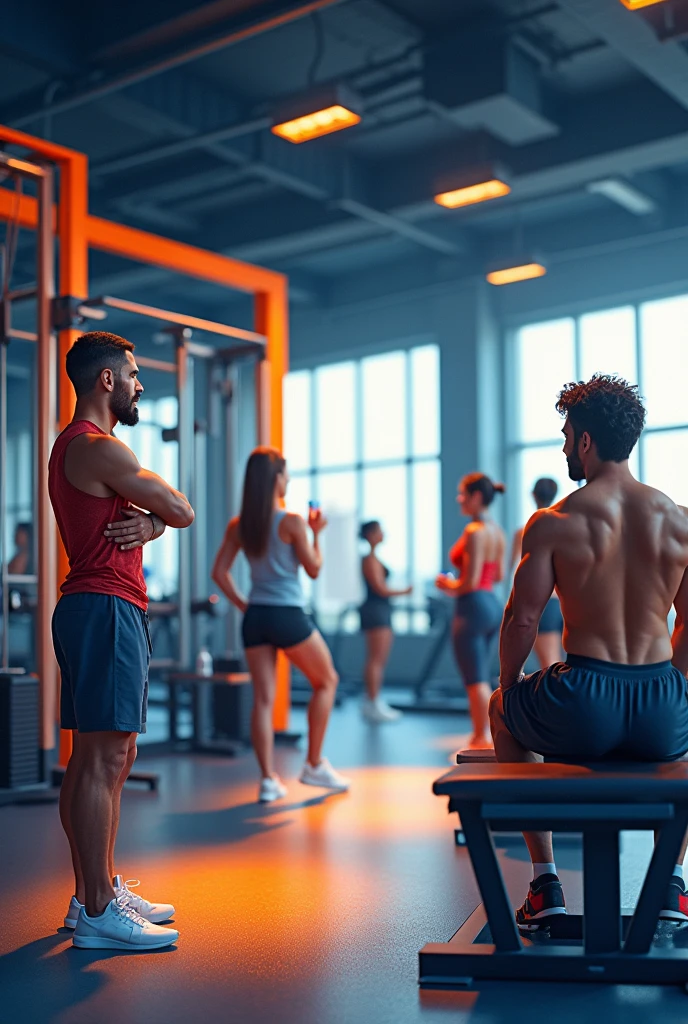 generate an image with people working out in a gym with orange and navy blue colors