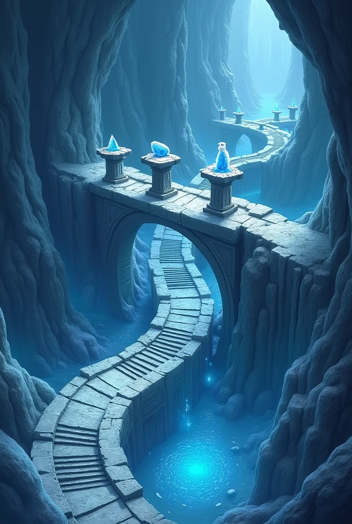 Create a medieval RPG map seen from the sky, like your fat and etc. The map is based on a large bridge in a cold and icy cave, with crystals and the like around, there is a big hole around the bridge. When the bridge is finished (connects with the other side) there is a flat area where there are 5 pillars where each pillar carries a type of animal as its main image, being respectively: serpent, Lion, raccoon, Dolphin and owl. over the bridge, it might be a little broken, some steps just floating with an unknown, colorless magic, just float as if they were alive. Remember the crystals that resonate throughout the environment. The hole is so big that its end cannot be seen and after the bridge, the full area must be large, carrying the five pillars one next to the other with just one IMAGE of the animals mentioned above, not the animals themselves, but only these carvings on each pillar. Each pillar must be different, since they are different animals. The first pillar must bear the image of a snake, o segundo deve portar a imagem de um Lion, o terceiro porta a imagem de um raccoon, the fourth bears the image of a dolphin and the fifth bears the image of an owl. About Pilates itself, imagine they are bookends, Pilates made of stone with blue details of precious crystals. The bridge should be long and curved to the left, making it as if it were an arrow and the pillars must STAY **After** The bridge. **five** SMALL BOOKENDS MADE OF STONE NEXT TO EACH OTHER, DEVE HAVER UMA LARGA PLANICE APOS The bridge ONDE OS five SUPORTES ESTÃO!!