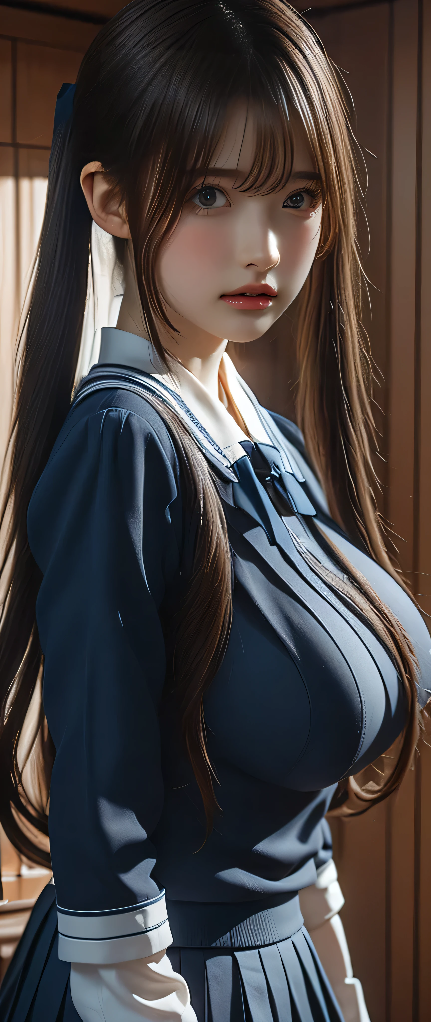 (Very delicate and beautiful:1.2)Supermodel,Glamour,Very huge bigger than a face,Beautiful very huge breasts,Sensual,【Bike Shorts】,,【Three Girls】,,Highest quality, High resolution, 8k,mini skirt,Navy frilly sailor suit,Black hair twin tails,Data Style,boots