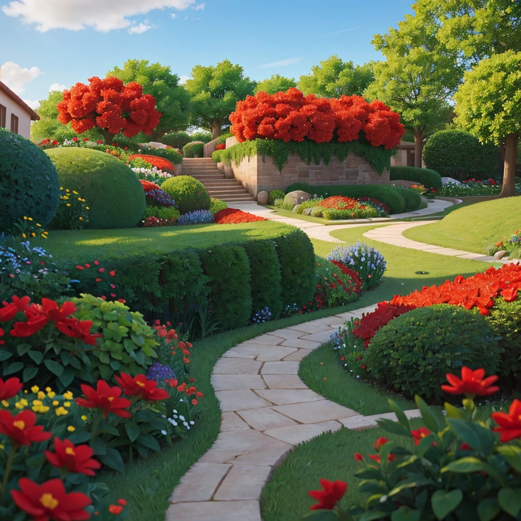 "An animated 3D garden of red flowers gently swaying in the wind, illuminated by daylight, with a winding dirt path running through the middle of the garden and a clear blue sky in the background, viewed from a low-angle (contra-plongée) perspective, with the appearance of a video game environment, emphasizing the height of the flowers in contrast with the sky."
