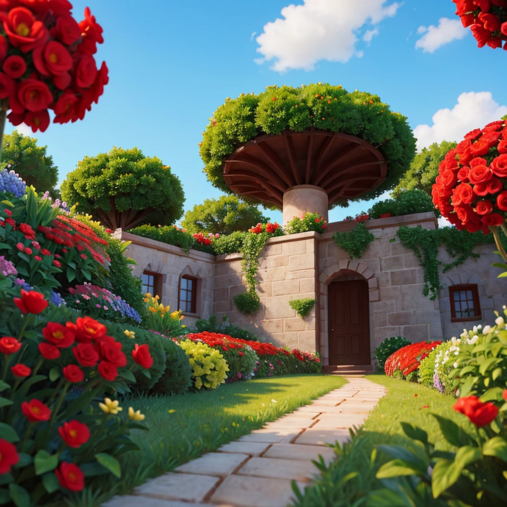 "An animated 3D garden of red flowers gently swaying in the wind, illuminated by daylight, with a winding dirt path running through the middle of the garden and a clear blue sky in the background, viewed from a low-angle (contra-plongée) perspective, with the appearance of a video game environment, emphasizing the height of the flowers in contrast with the sky."