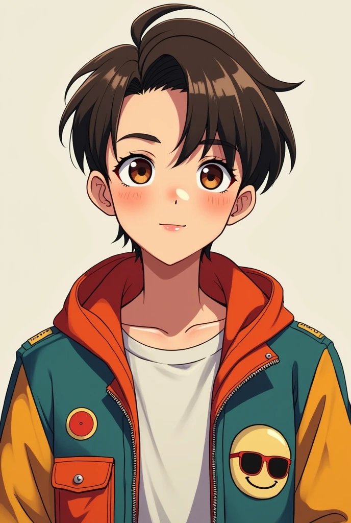 Please create a cute anime boy as my Twitch profile picture. Mit Undercut, The main hair is petrol and medium length and the cut (side hair) Dark brown, he is wearing a retro jacket from the 80s, he has brown eyes. Create a high quality image that costs 6 points.