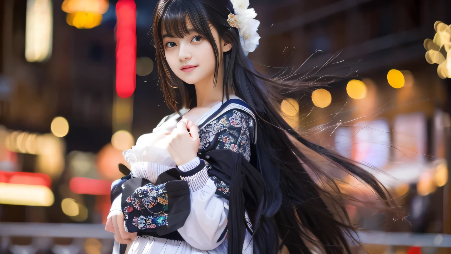 Highest quality,4K,8k,High resolution,masterpiece:1.2,Very detailed,A girl exuding fatigue,long, flowing black hair,Delicate features,Thinking eyes,White skin,Happy expression,Great atmosphere,Wearing a uniform、Gazing into the distance,,Romantic atmosphere、Roppongi Nightlife、Above-the-waist display、Ample 、Real Beauty、