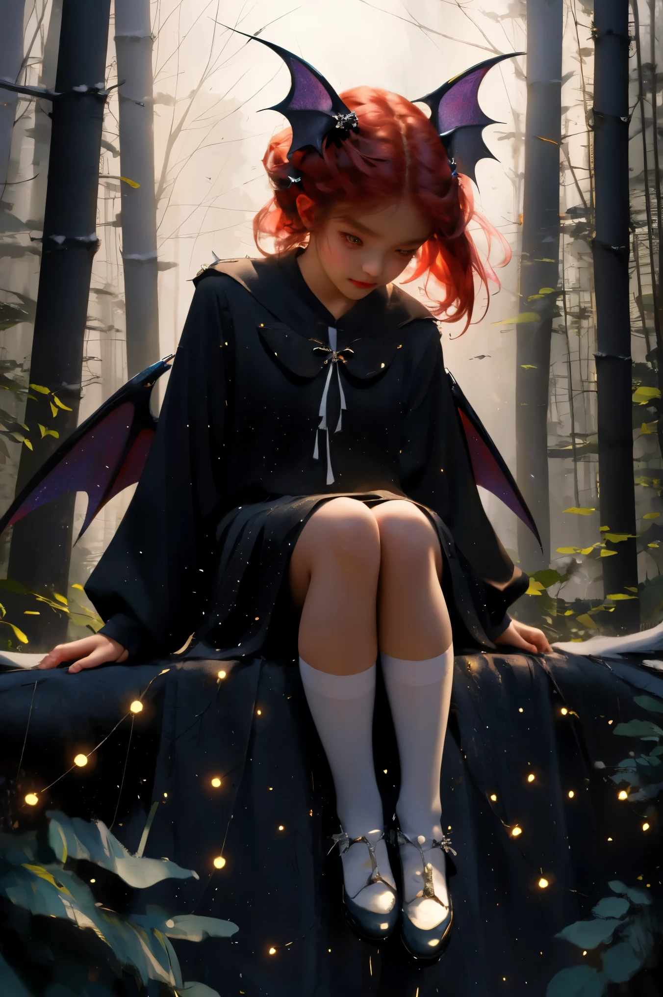 uhd, 4k, textured skin, good quality, High details, ​masterpiece, best quality, (Amazingly absurd:1.2), (​masterpiece:1.2), 1 Vampire Girl with little demon wings on the back sitting on tree looking down at viewer, sieht auf dich herunter, dress with ruffles, evil smirking, glowing red eyes, shiny hair , fullbody, two colored hair, hairbow, black knee socks, Kawaiitech, soft colours, Kawaii, Beautiful colors, studio lighting, wide angel,(wet:0.5), (Forest:1.5), (Rain:1), (Night:2), 