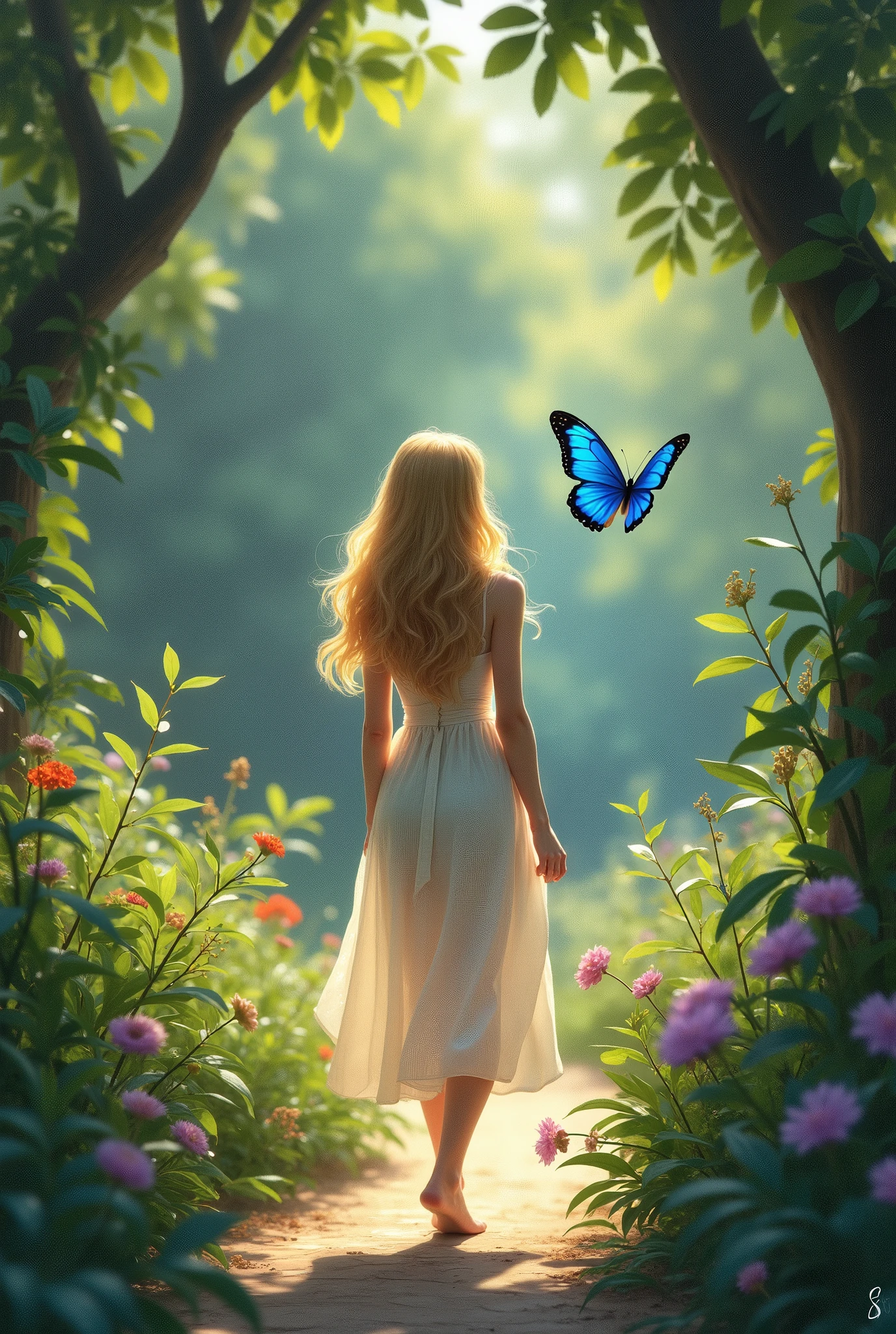 A woman with golden blonde hair, walks through the garden, your dream is to see the blue butterfly, and that she, land on your shoulder. The cell phone rings, she answers, soon after he feels something land on his shoulder, scared, she hits to drive away the insect, when she looks, it was the blue butterfly.