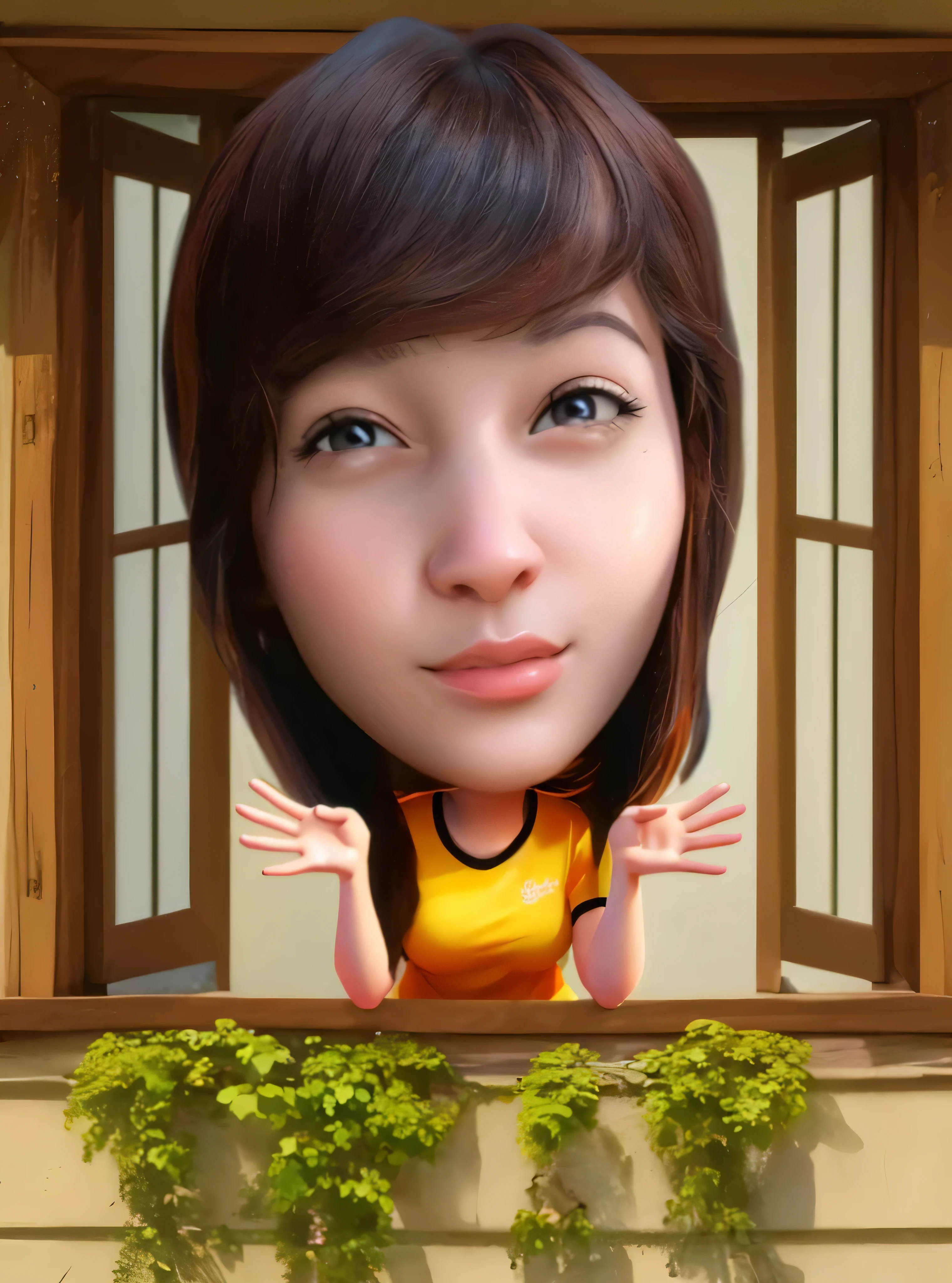 a close up of a woman of a window, 3d portrait, 3 d ccartoon portrait, digital art cartoon, photorealistic!!!!!!! art style, cartoon digital art, cartoon digital painting, realistic cartoon, caricature illustration, realistic portrait photo, 3 d artist, realism artstyle, digital cartoon painting art, realistic 3d, cartoon artstyle, cartoon digital painting, cartoon illustration, 3D render, 3D Cartoon, big head, cartoonish look, high resolution, super detail, soft lighting