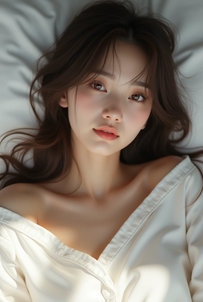 korean girl, that has bangs and long hair down to the elbows, Brown hair, Brown eyes, 20 years old, that it looks real and that it is in a bed lying down, with white pajamas