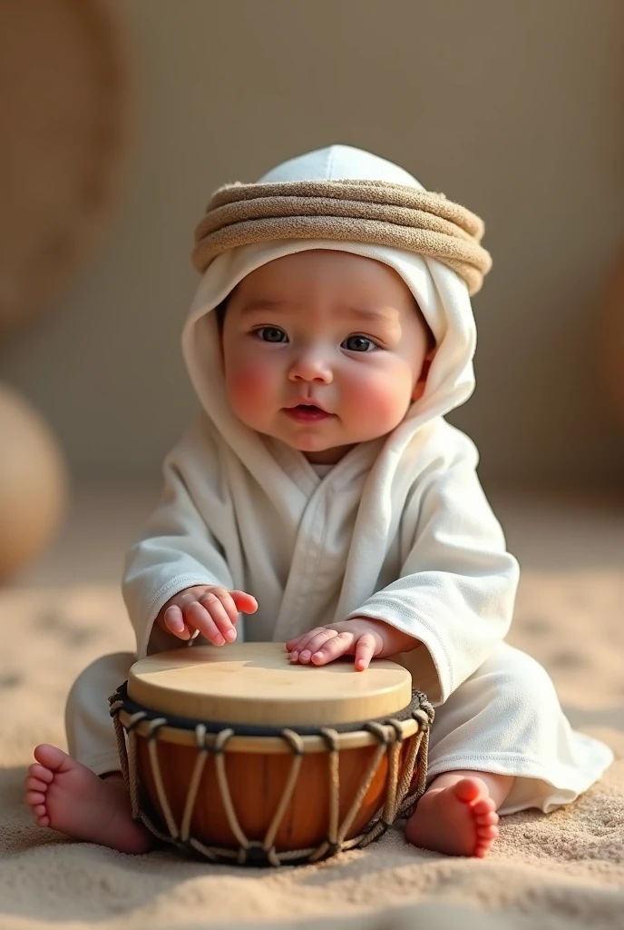 A newborn wearing a ghutra, agal and a Gulf thobe, beating the zeer drum, as realistic as real life