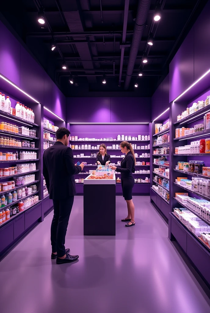 Create a supplement store in purple and black colors, from other angles with attendants