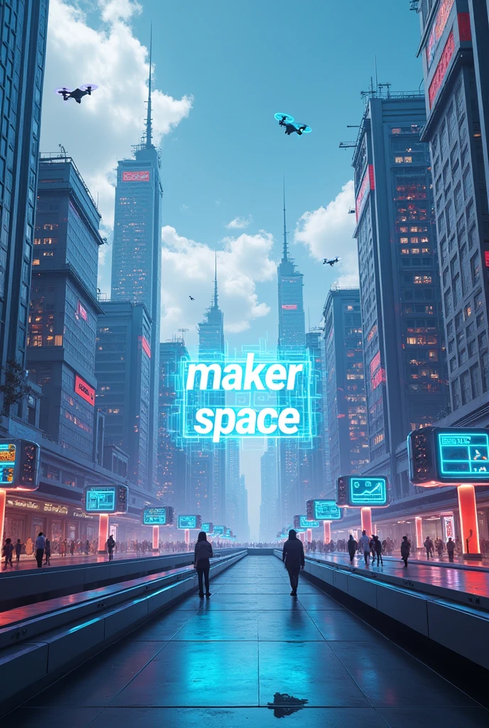 A futuristic urban skyline, with buildings illuminated by neon lights and steel structures, representing technological advances. The clouds can have a light blue hue, mixed with visible electronic circuits, giving a sense of digital connectivity.Add three-dimensional elements such as floating holographic screens that display data graphs, or even educational drones and robots in action, as if they were carrying out interactive activities.O termo "Maker Space" can be highlighted in a modern font in the center of the image, Perhaps in large letters, that seems to be part of the environment, with glow or shadow effects that appeal to a sense of innovation
