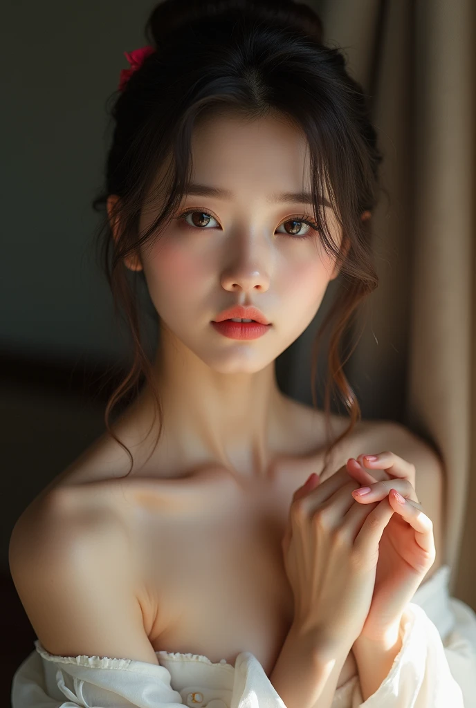 A beautiful, kind, and lovely Chinese woman, delicate and sexy clavicle, charming goose egg face, Double eyelids, peach blossom intelligent eyes, pink lips, small upturned nose, bared shoulders, focused face, Close do rosto, ultra HD, super detaill, photo by full body, ultra-thin light transmission ideal proportion four fingers and a thumb, JK miniskirt