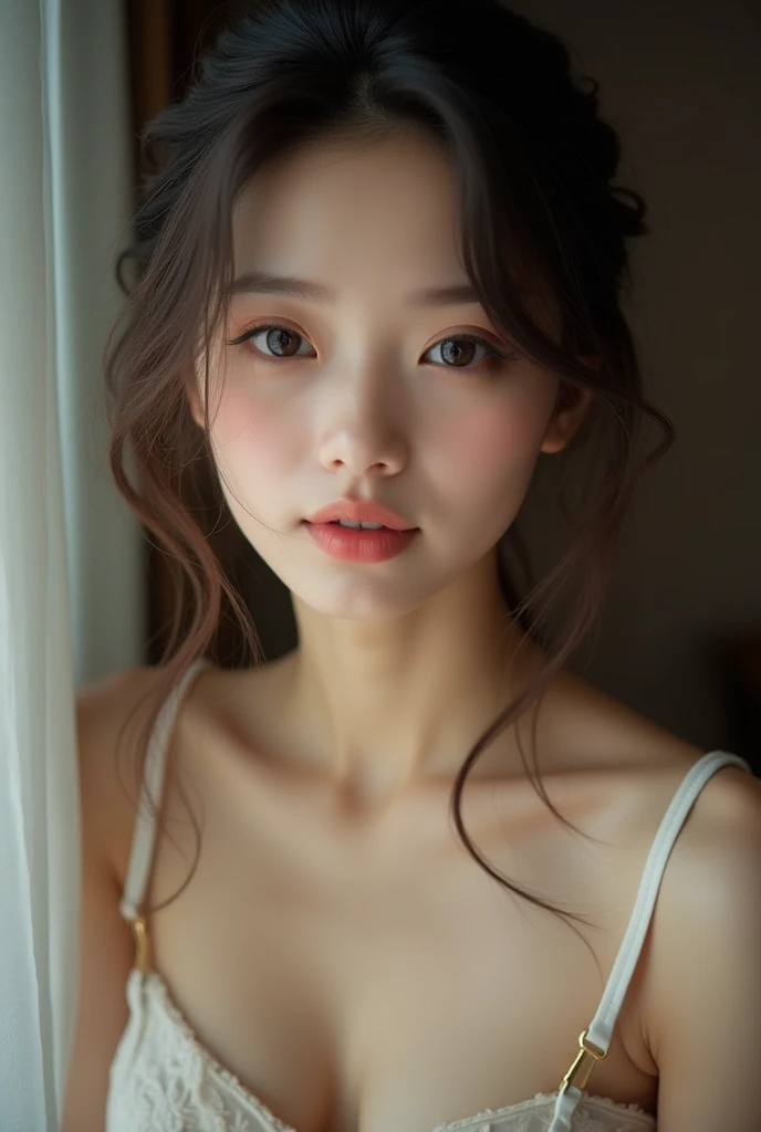 A beautiful, kind, and lovely Chinese woman, delicate and sexy clavicle, charming goose egg face, Double eyelids, peach blossom intelligent eyes, pink lips, small upturned nose, bared shoulders, focused face, Close do rosto, ultra HD, super detaill, photo by full body, ultra-thin light transmission ideal proportion four fingers and a thumb, JK miniskirt