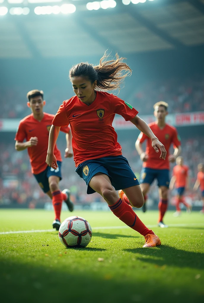 Presentation image about football surrounded by the field, ball and players playing a match