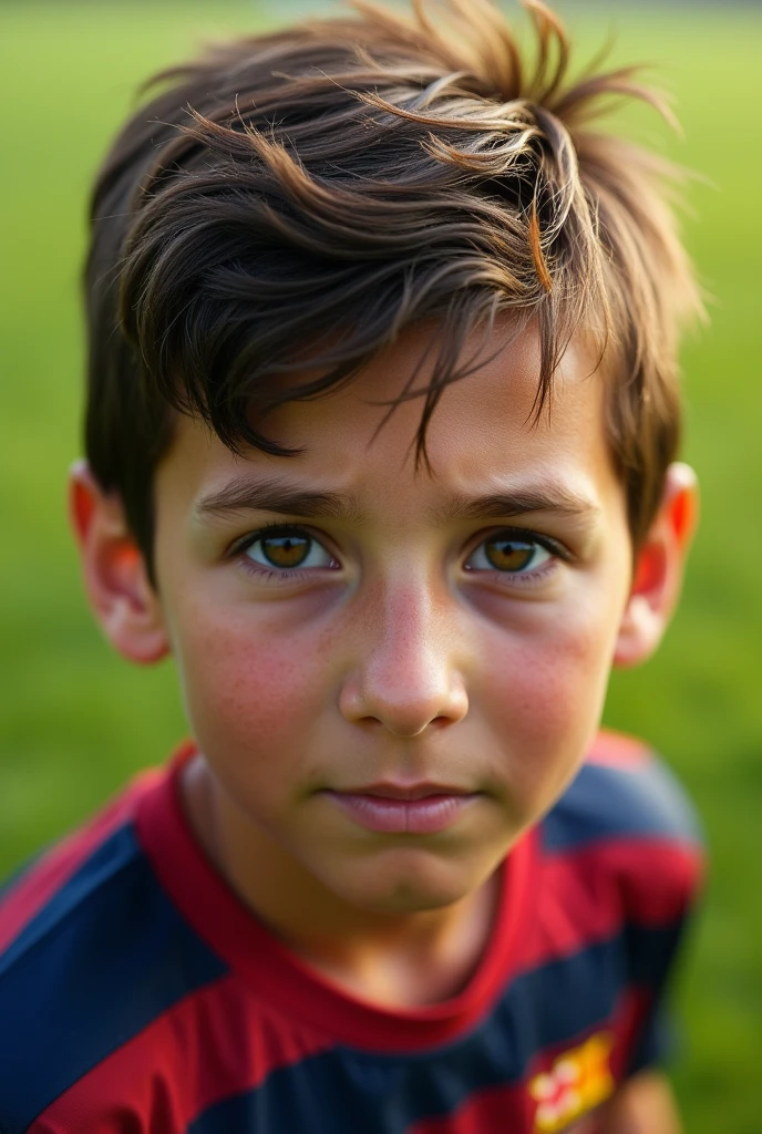 Close-up of soccer player Messi at the age of ten standing on a field with his friends to start the match