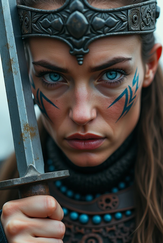 Close up face beautiful viking woman, 40 years old, medium knife in hand , blue eyes with lightning, large crown on head , tribal tattoo on face, Angry, blue stone neck necklace, battle outfit, knife close to the face