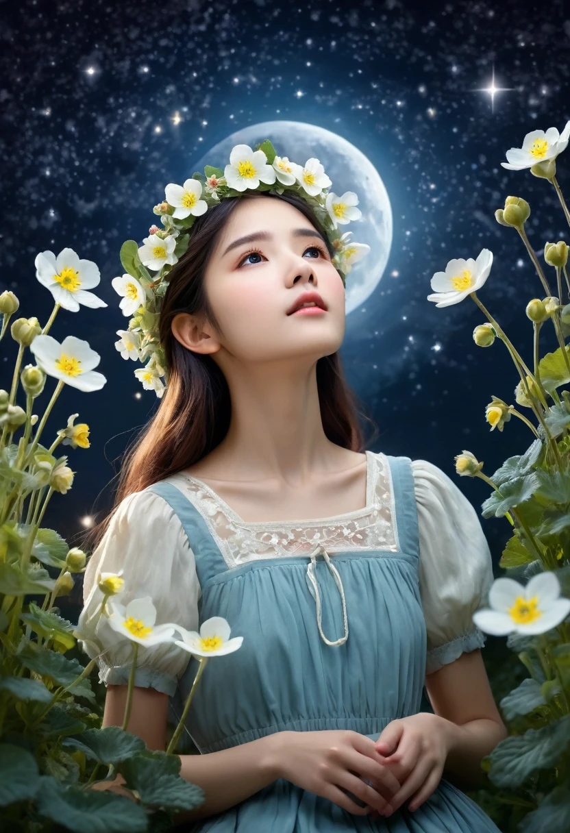 In the moonlight、A girl wearing a crown of evening primroses on her head、Looking up at the night sky。A group of evening primroses surround the girl.、A fantastic space spreads out。An illustration、Dreamy atmosphere