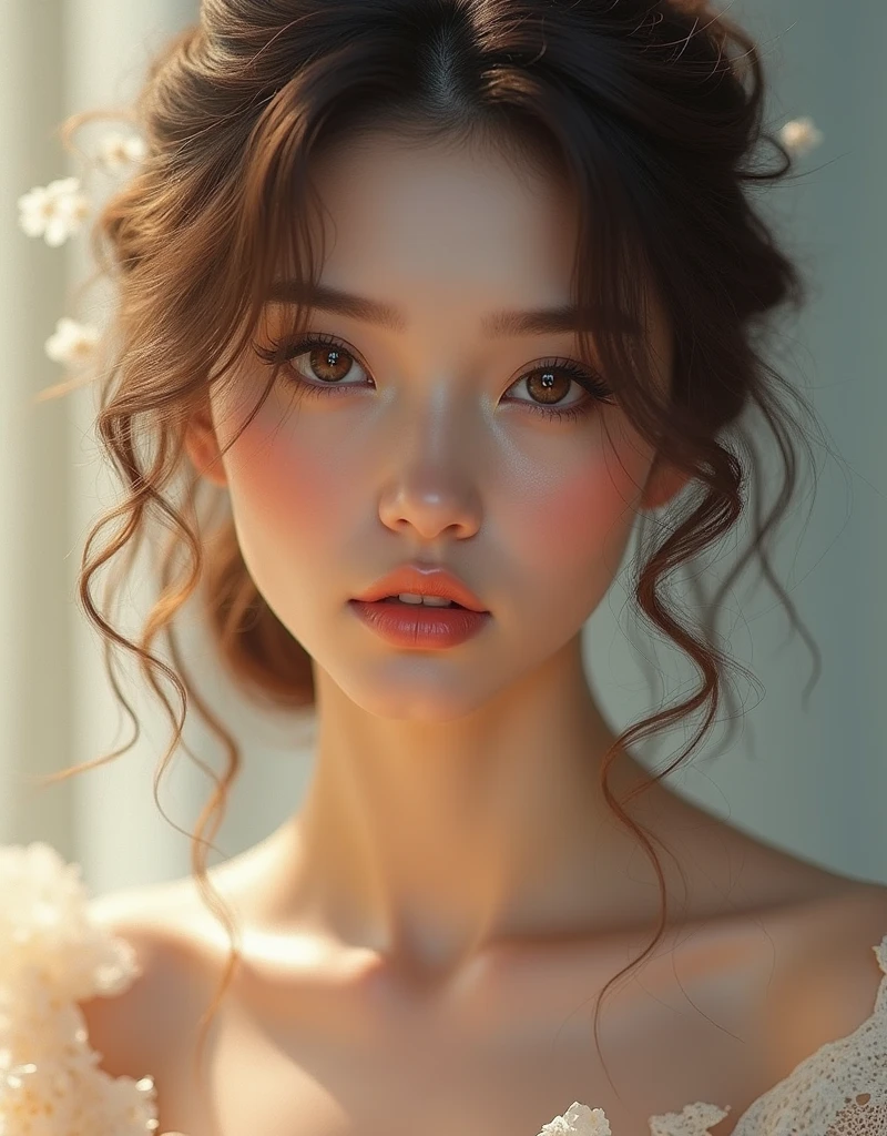 1 elegant woman, Agnès Cécile style, pastel colors, ink drops, autumn lighting, beautiful detailed eyes, beautiful detailed lips, extremely detailed face and features, long eyelashes, intricate detailed portrait, masterpiece, 8k, photorealistic, vivid colors, soft lighting, detailed shading, painterly style, ethereal atmosphere