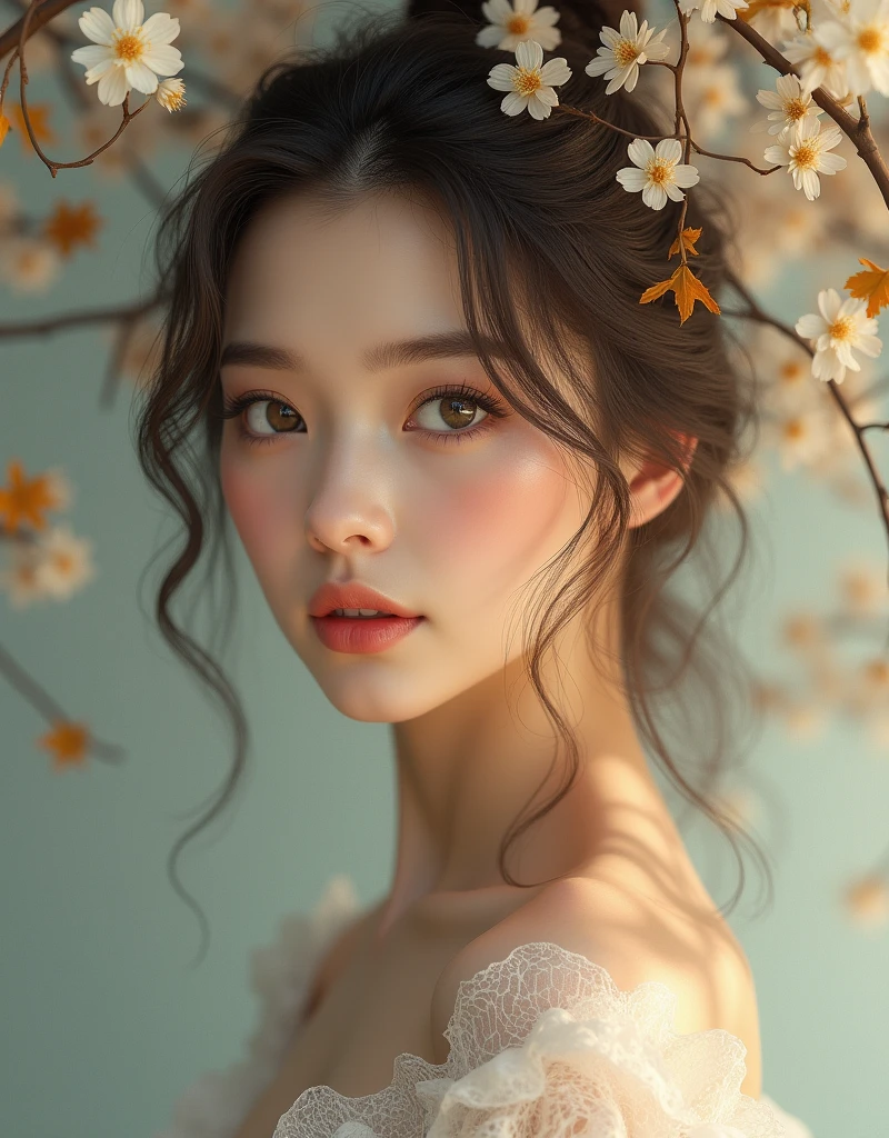 1 elegant woman, Agnès Cécile style, pastel colors, ink drops, autumn lighting, beautiful detailed eyes, beautiful detailed lips, extremely detailed face and features, long eyelashes, intricate detailed portrait, masterpiece, 8k, photorealistic, vivid colors, soft lighting, detailed shading, painterly style, ethereal atmosphere