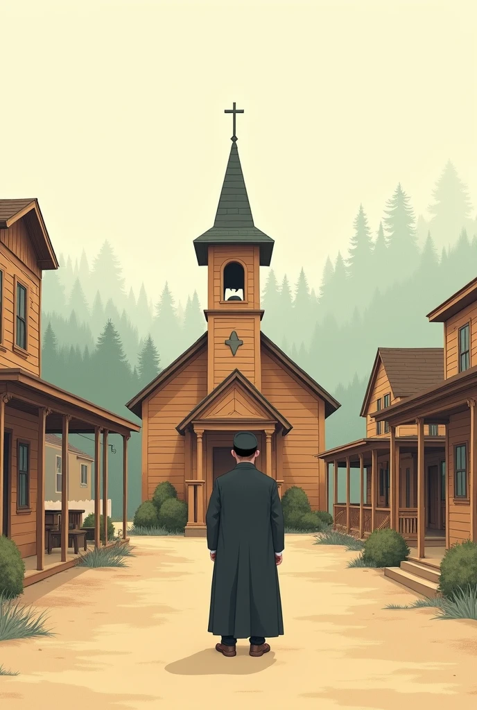 Very simple drawing of a priest standing in front of a small ranch church, that the church is within the town