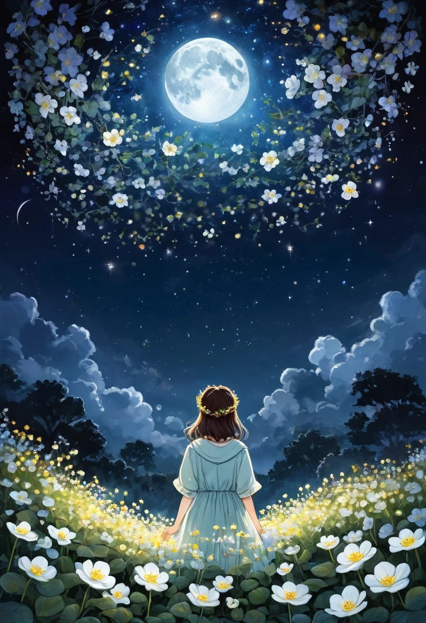 In the moonlight、A girl wearing a crown of evening primroses on her head、Looking up at the night sky。A group of evening primroses surround the girl.、A fantastic space spreads out。An illustration、Dreamy atmosphere