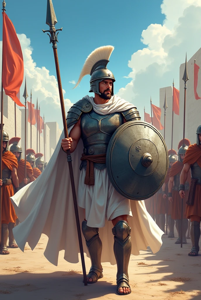Warrior of Ancient Greece, with gray armor, white garments and cape, holding a spear and a shield, raising the shield to form a shield wall, leading a battalion to protect the city, round gray shield with claw emblem, ((anime styling)), best qualityer, maximum detail.