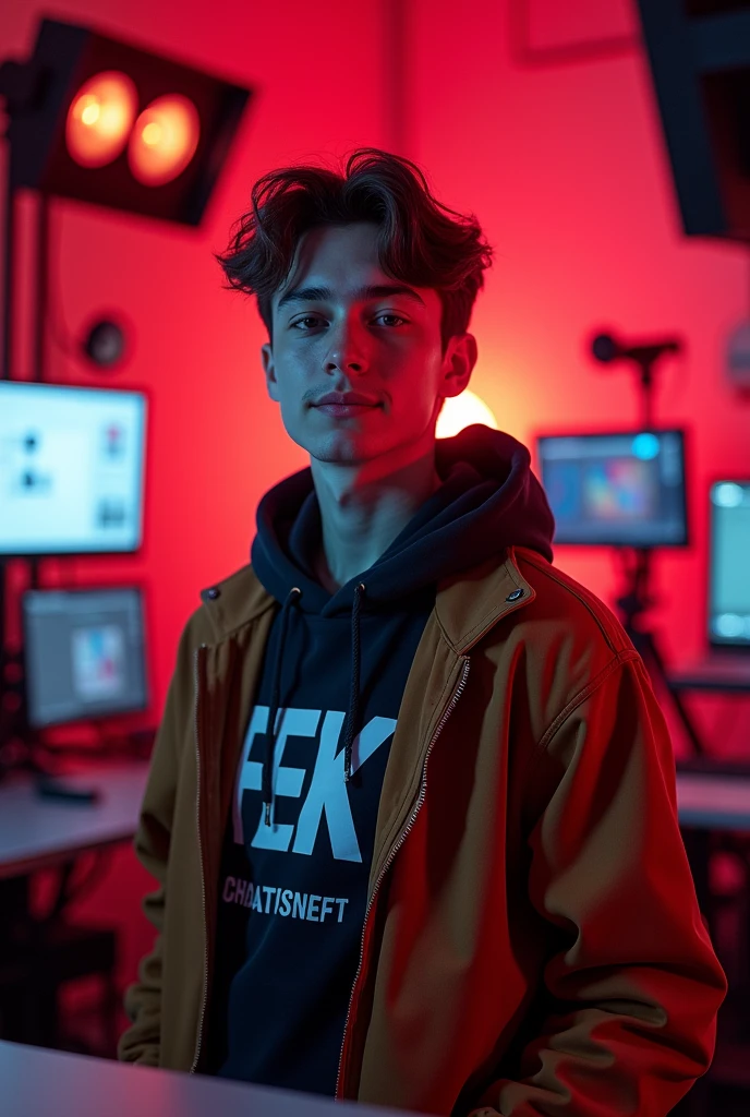 A young youth in a content creation studio space that includes red lights looking forward to the camera at his front