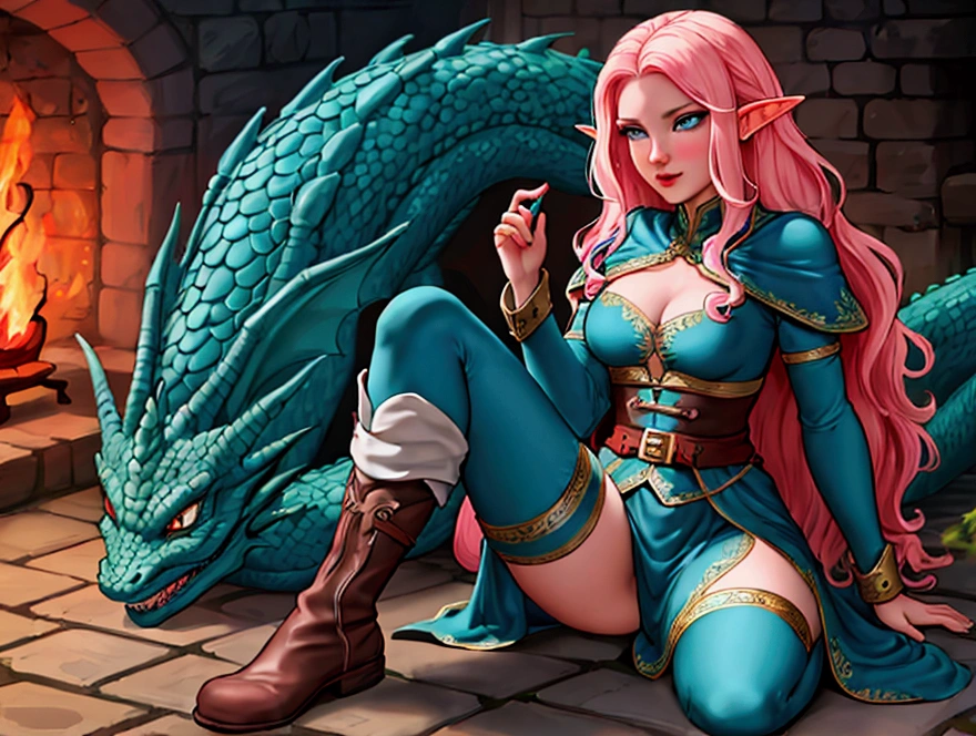 Woman, long wavy hair, pink hair, blue eyes, elf, near a dragon, dragon , Expression would be, using boots,