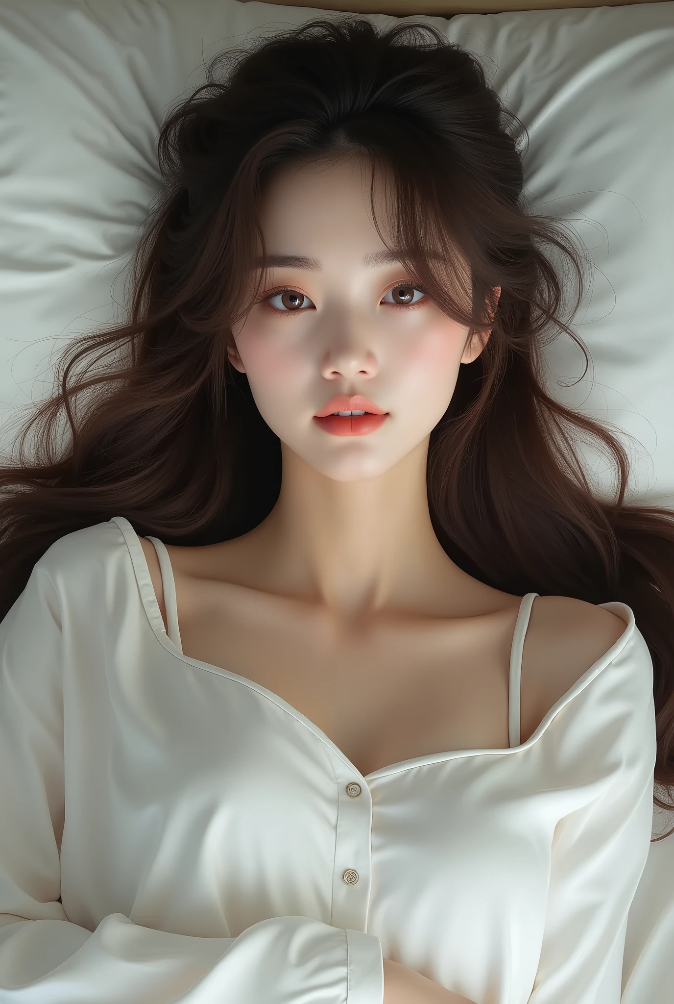 korean girl, that has bangs and long hair down to the elbows, Brown hair, Brown eyes, 20 years old, that it looks real and that it is in a bed lying down, with white pajamas
