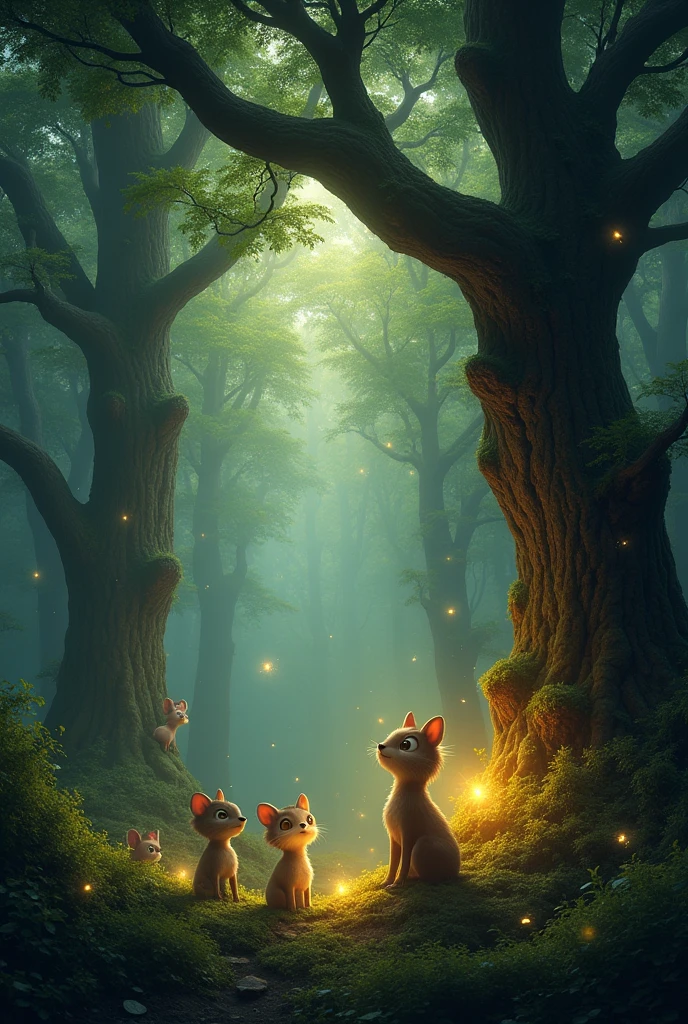 A magical forest with giant trees and small creatures hiding among the branches, with bright lights floating in the air at dusk