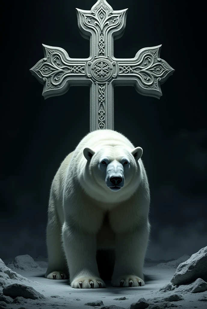 Make a polar bear in front of a cross with a black background 