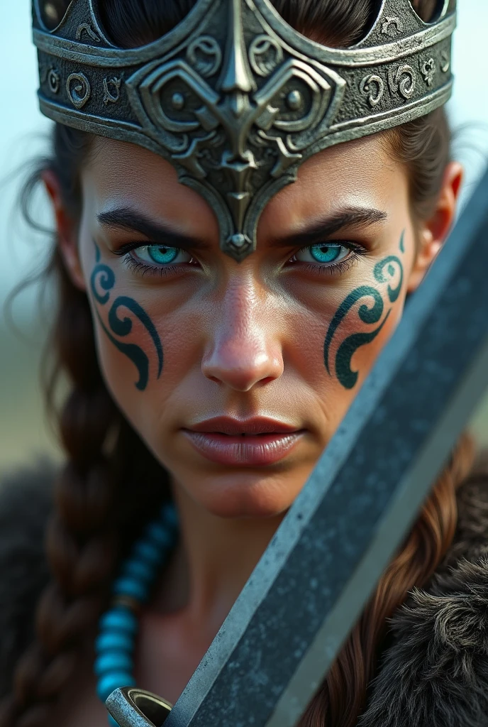 Close up face beautiful viking woman, 40 years old, medium knife in hand , blue eyes with lightning, large crown on head , tribal tattoo on face, Angry, blue stone neck necklace, battle outfit, knife close to the face