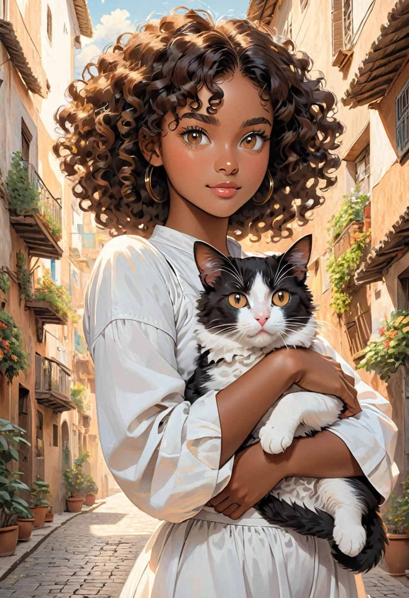 A young black-skinned woman with curly hair with brown eyes in a white outfit holding a cat in her arms