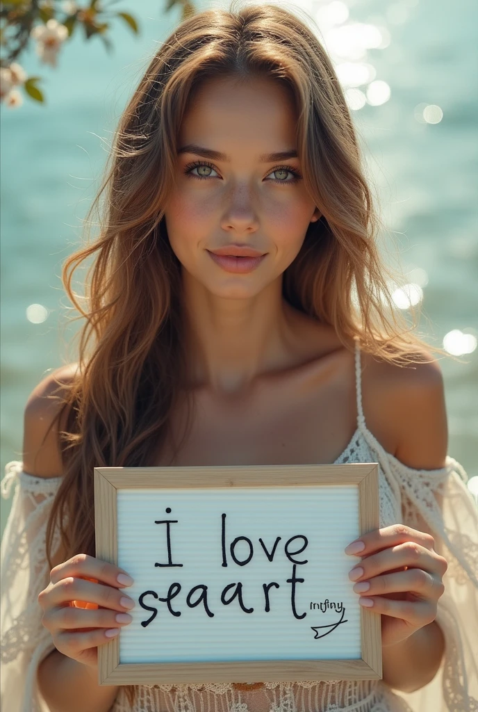 Beautiful girl with wavy long hair, bohemian dress, holding a white board with text "I Love Seaart Infinity" and showing it to the viewer