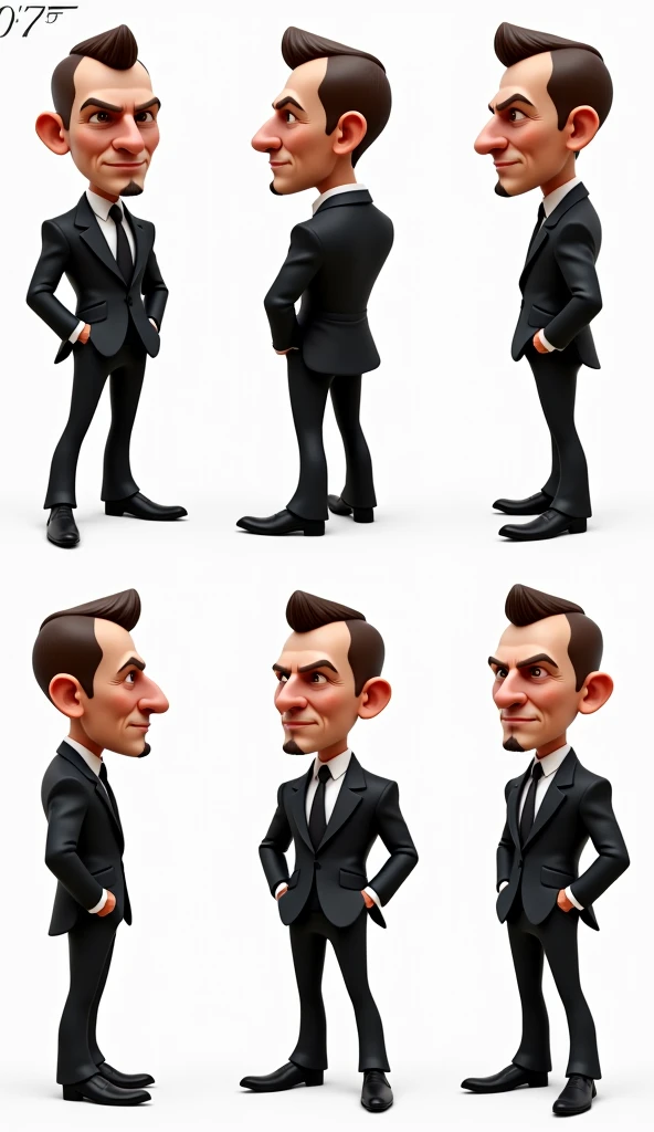 A consistent character design sheet of the caricature style of Daniel Craig's face, Black suit, full body, Half body, 3d shading, white background, different poses, different angles, front view, side view, perspective view.