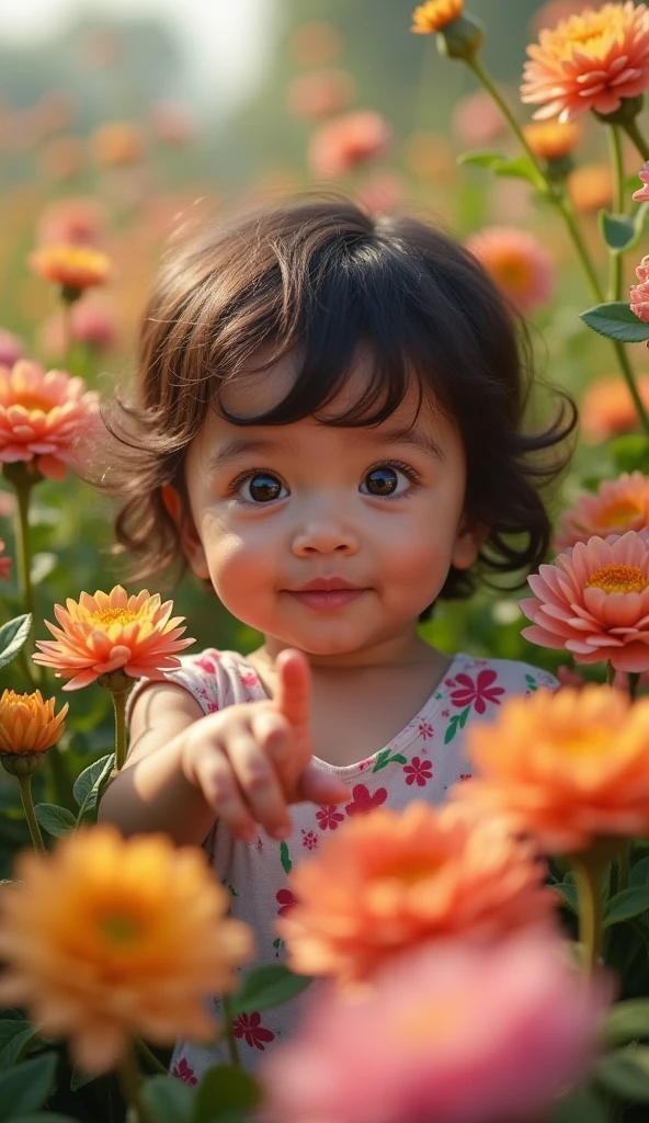 Create a UHD photorealistic image of a 24-month-old girl named Maëlysse, no 3D style image, no animation style, no Pixar style animation. the girl is surrounded by a garden of blooming flowers. Captured with a 100mm f/2.8 macro lens to focus on her delicate features and the vibrant floral background. Ensure exactly five fingers, no 3D style image, no animation style, no Pixar style animation.