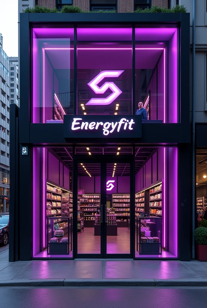Create the facade of a supplement store in purple and black with the name EnerGym FIT