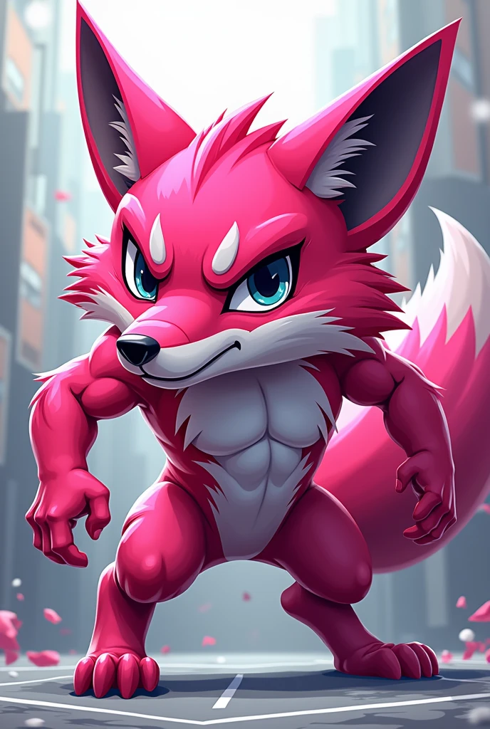 Create a mascot for architecture and urban planning athletics, uma raposa, use pink, must be strong and fierce Knife it sideways looking forward