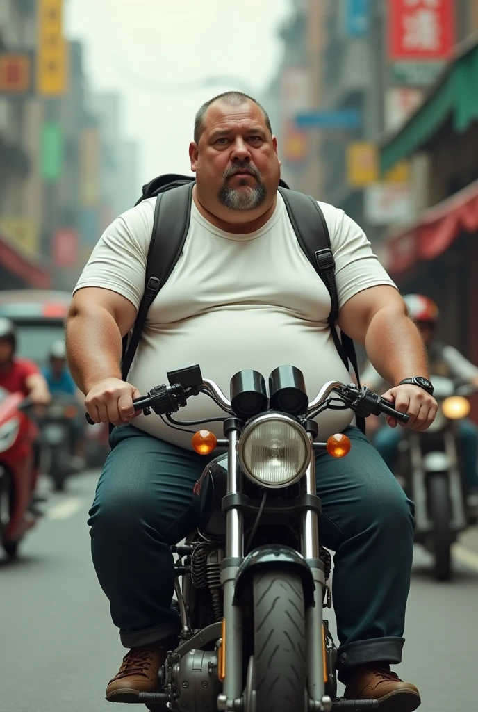 Create a rear image of a fat man in a short white t-shirt riding a motorcycle with his fat hanging out of his shirt and a backpack on his back in traffic