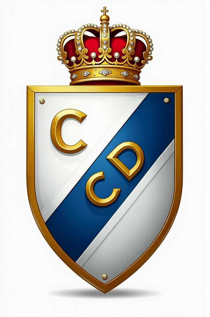 Create a shield with the colors white, Gold and blue on a side stripe with the name CD MADRID and a crown