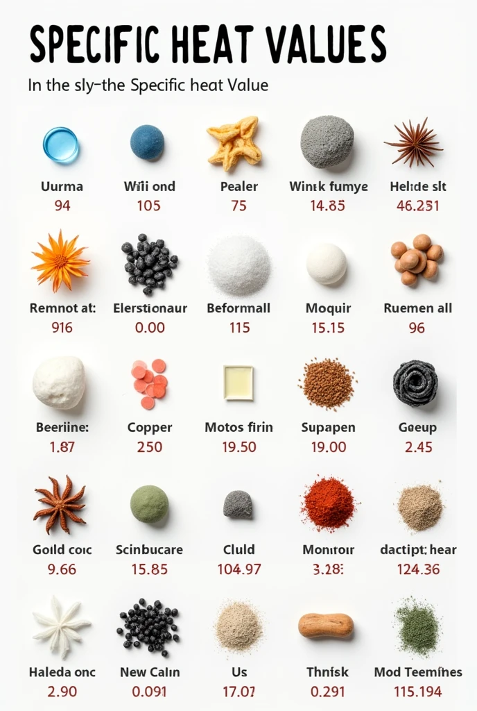 Image showing 15 materials with their respective specific heat. (Like the water, beryllium, Copper, etc, and that below that material is the exact specific heat)