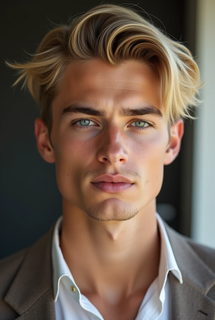 Un homme de 20 ans blond jeune selfi de lui meme d’une beauté remarquable, avec des traits qui attirent instantanément le regard. Il dégage une aura de confiance et de charme naturel. Rien de déformé