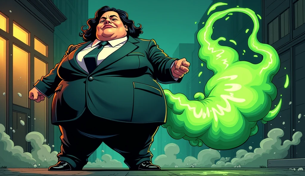 beautiful morbidly obese female mob boss woman wearing a mobster suit farting and releasing green stinky gas from her rear, comic artstyle