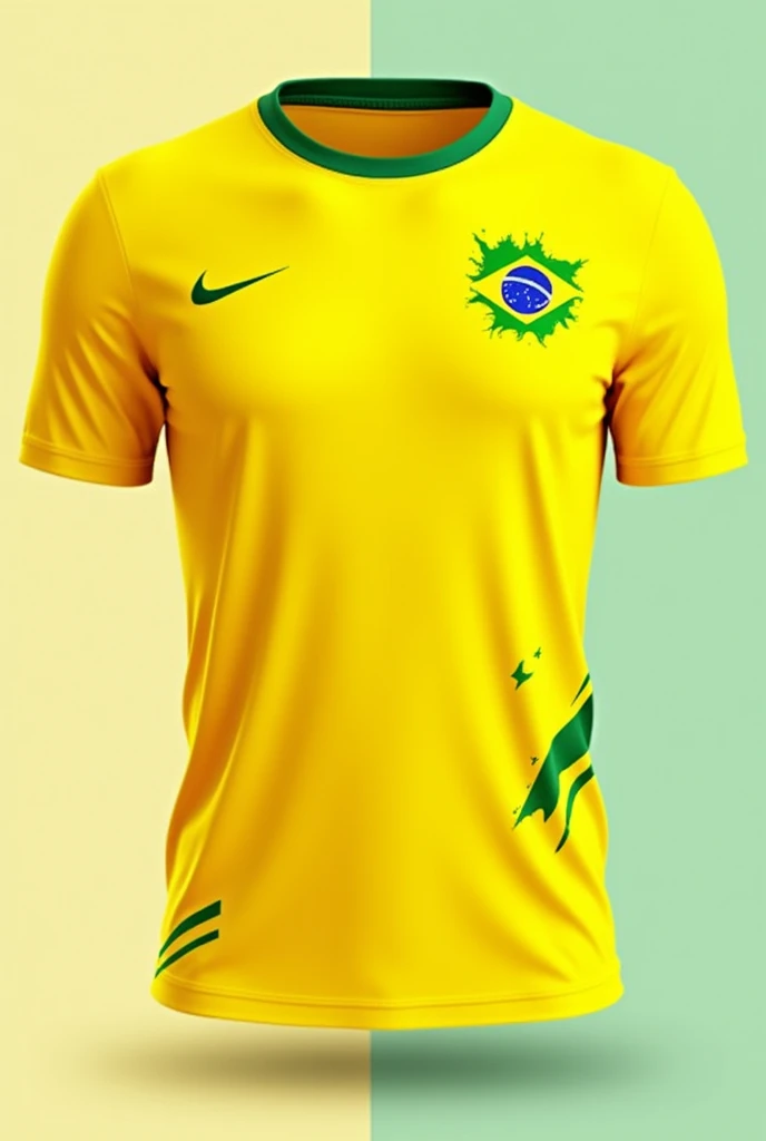 Make me a nice yellow and sporty Brazil t-shirt with light designs With the Brazil logo on one side