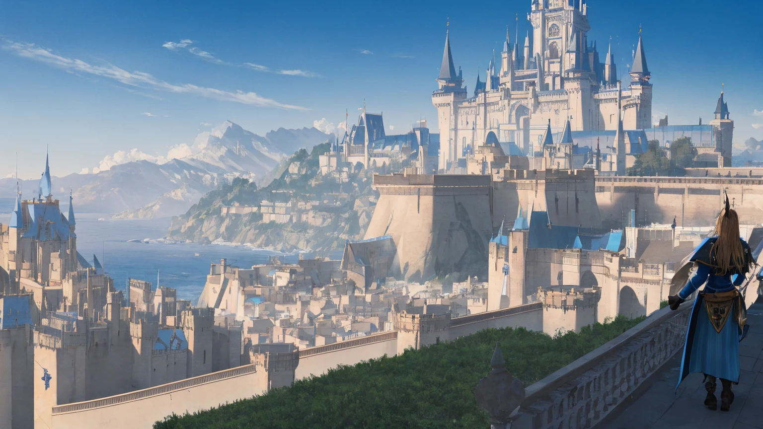 Masterpiece, high detail, 8K resolution, ConceptArt, scenery, castle in distance, medieval city, day, blue sky, open sea port, people wearing medieval attire in distance walking, beautiful,