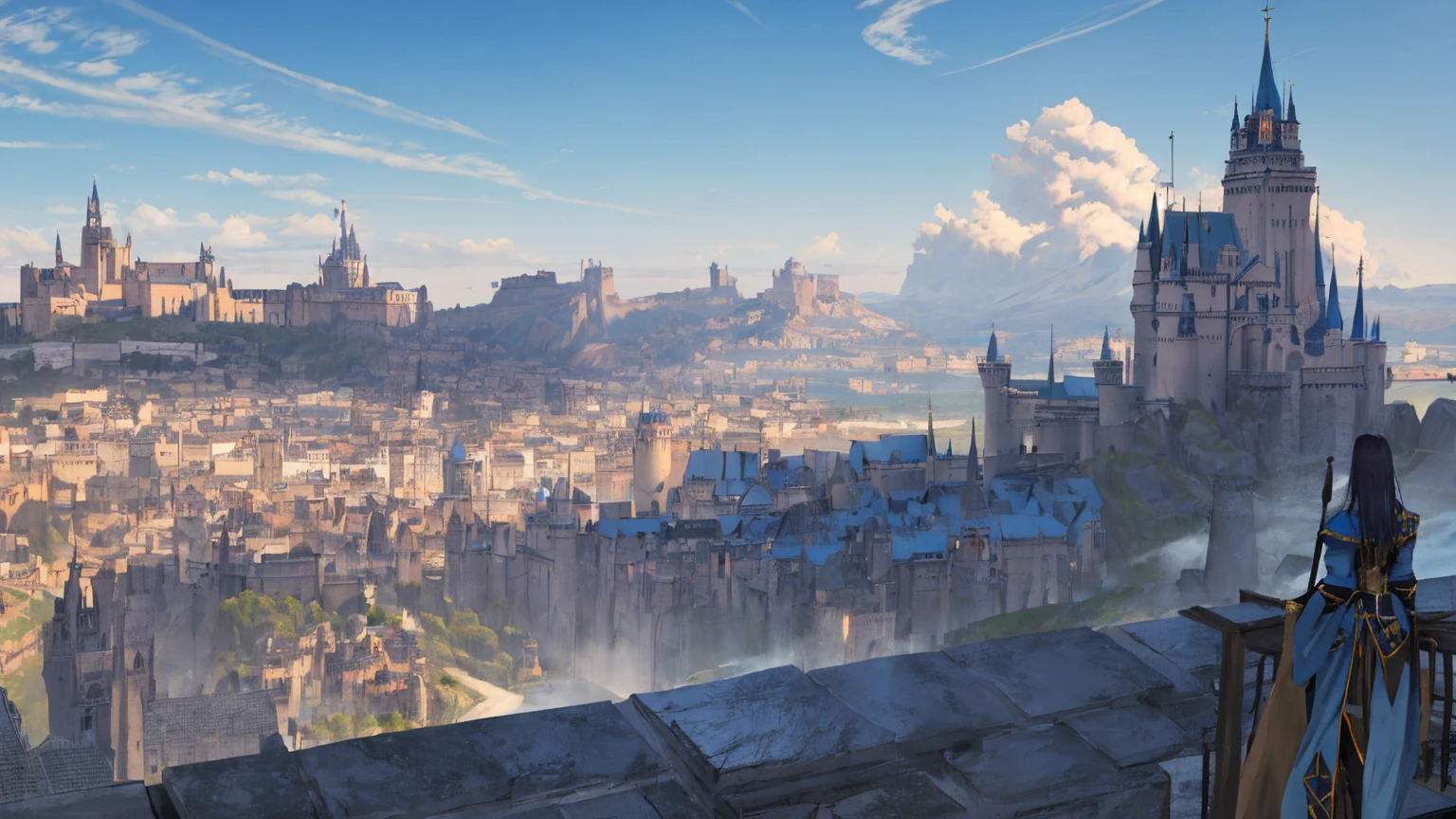 Masterpiece, high detail, 8K resolution, ConceptArt, scenery, castle in distance, medieval city, day, blue sky, open sea port, people wearing medieval attire in distance walking, beautiful,