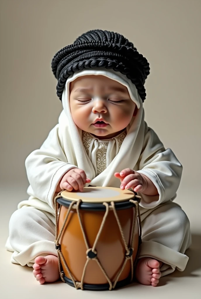 A newborn wearing a black ghutra, agal and a Gulf thobe, beating the zeer drum, as realistic as real life