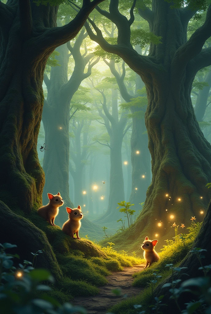 A magical forest with giant trees and small creatures hiding among the branches, with bright lights floating in the air at dusk